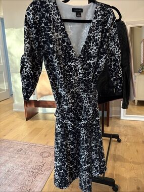 Club Monaco Black & White Floral-Print Wrap Midi Dress